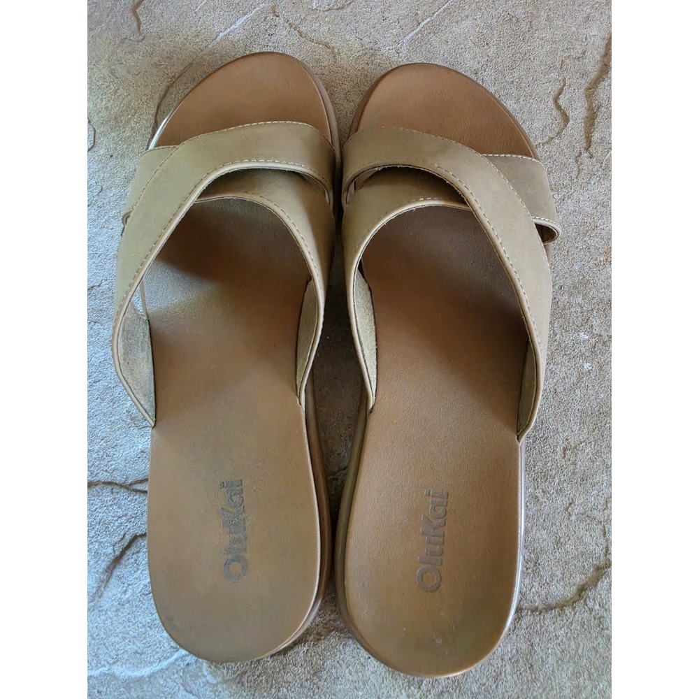 Olukai La'i Slide Sandals Criss Cross Taupe Slides Slip Ons Women's US Size 9 - Picture 6 of 9